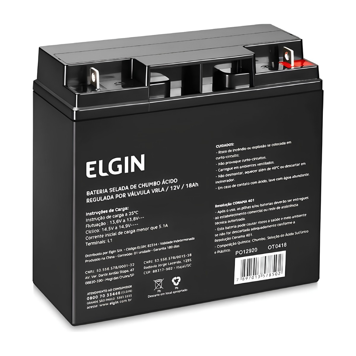 Bateria para Nobreak e Sistemas de Monitoramento e Segurança - 12V / 18Ah - Selada - Elgin ELE000000082314