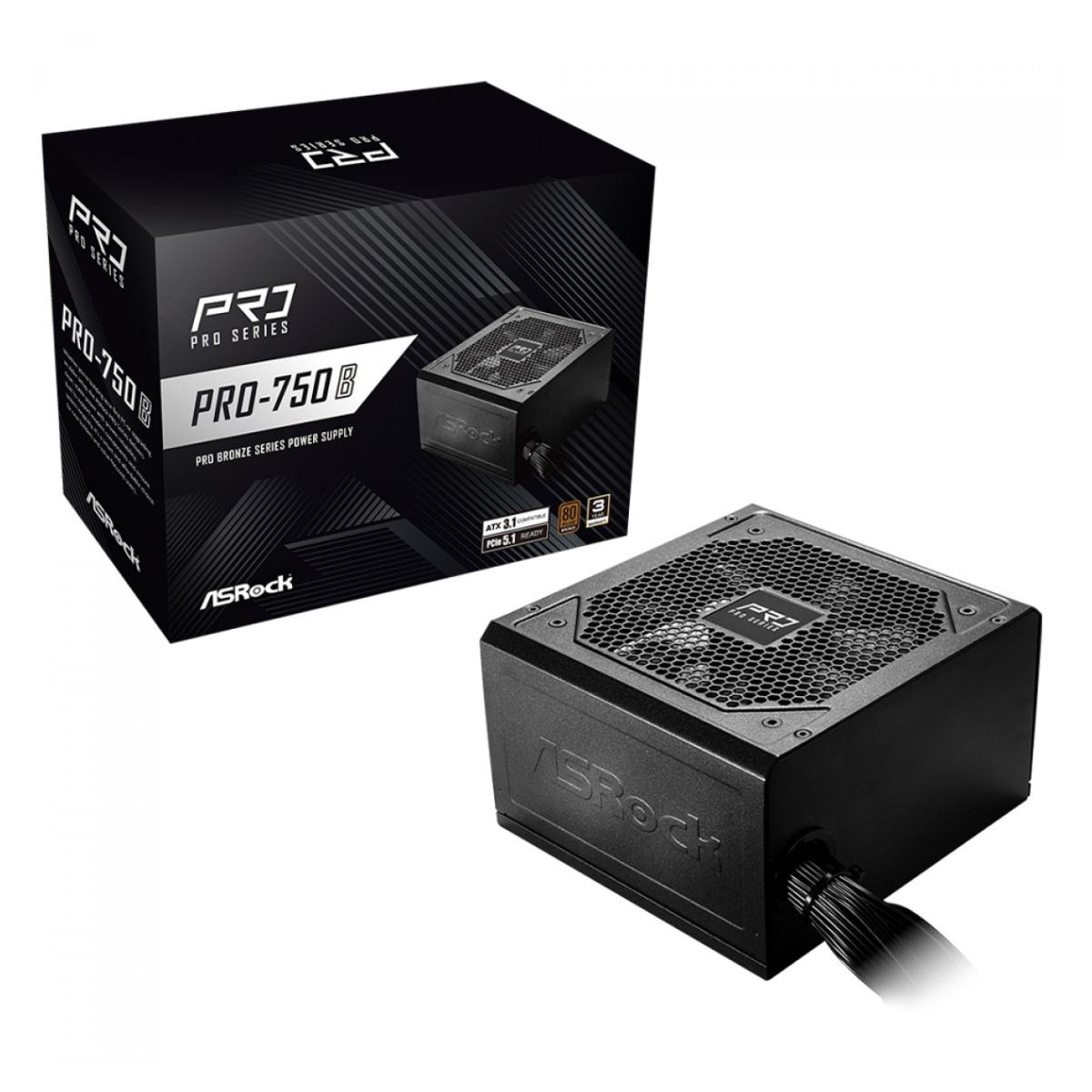Fonte 750W ASRock PRO-750B - PFC Ativo - ATX 3.1 - PCIe 5.1 - 80 PLUS® Bronze - 90-UXR075-BNBAA2