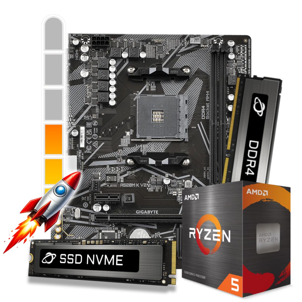 Kit Upgrade Processador AMD Ryzen™ 5 5500 + Placa Mãe A520M + Memória 32GB DDR4 + 1TB SSD M.2