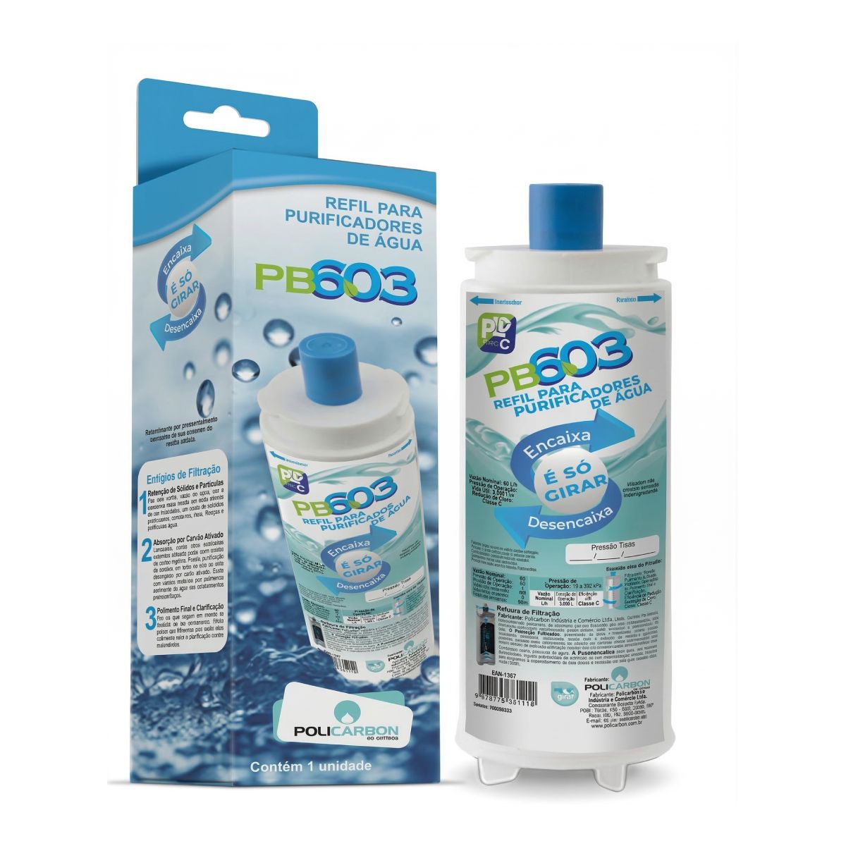Refil Filtro de Água PB603 Caixinha - Tripla Filtragem com Carvão Ativado - Vida Útil 3000L - Compatível com IBBL, FRQ600, C+3, BDF, PFN, Imaginare