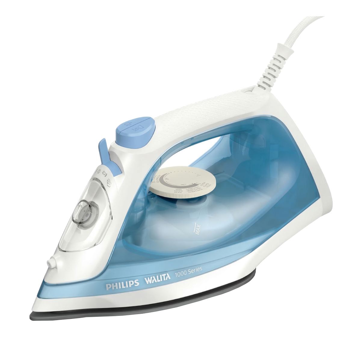 Ferro de Passar Roupa a Vapor - 127V - 1200W - Base Antiaderente e Reservatório de Água - Controle de Vapor - Branco e Azul - Philips Walita Serie 1000