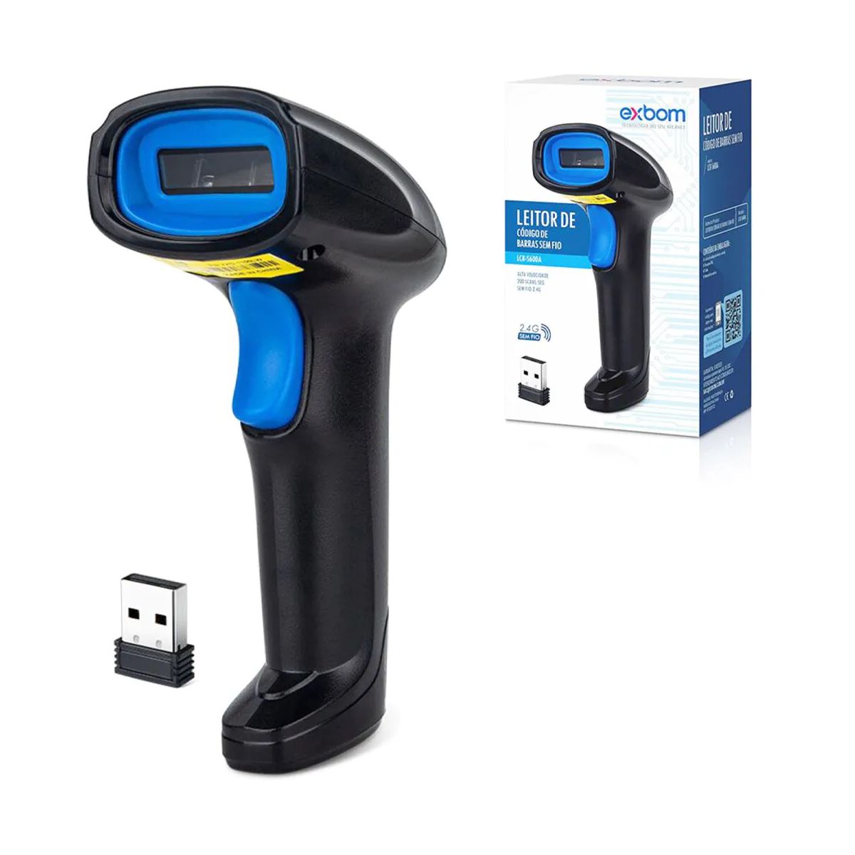 Leitor de Código de Barras Laser sem Fio Exbom LCB-S600A - USB e 2.4GHz - 1D - Lê Produtos, NFe e Boletos - Alcance 90 Metros