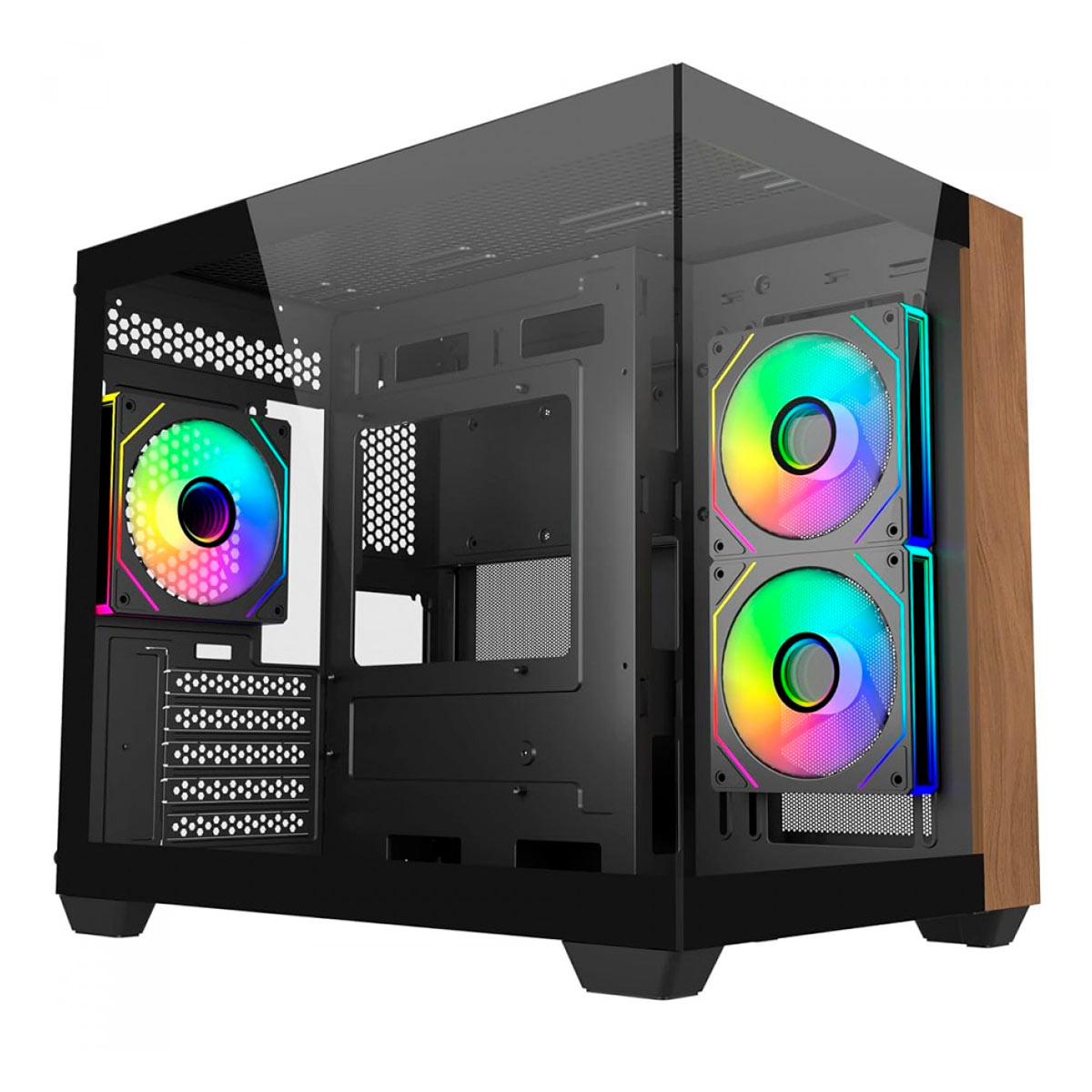 Gabinete Gamer Cooler Master Elite 481 Wood - Vidro Temperado e Madeira - 3 Fans ARGB - Mini Tower - Micro ATX / ITX - Preto - E481-KHNN-S00