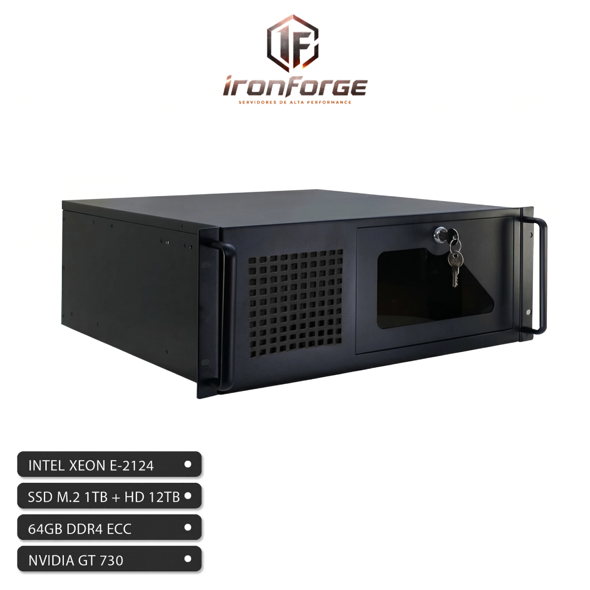 Servidor AlphaBit Ironforge Rack - Intel® Xeon E-2124, RAM 64GB ECC, SSD 1TB NMVe, HD 12TB, Fonte 850W Plus Gold