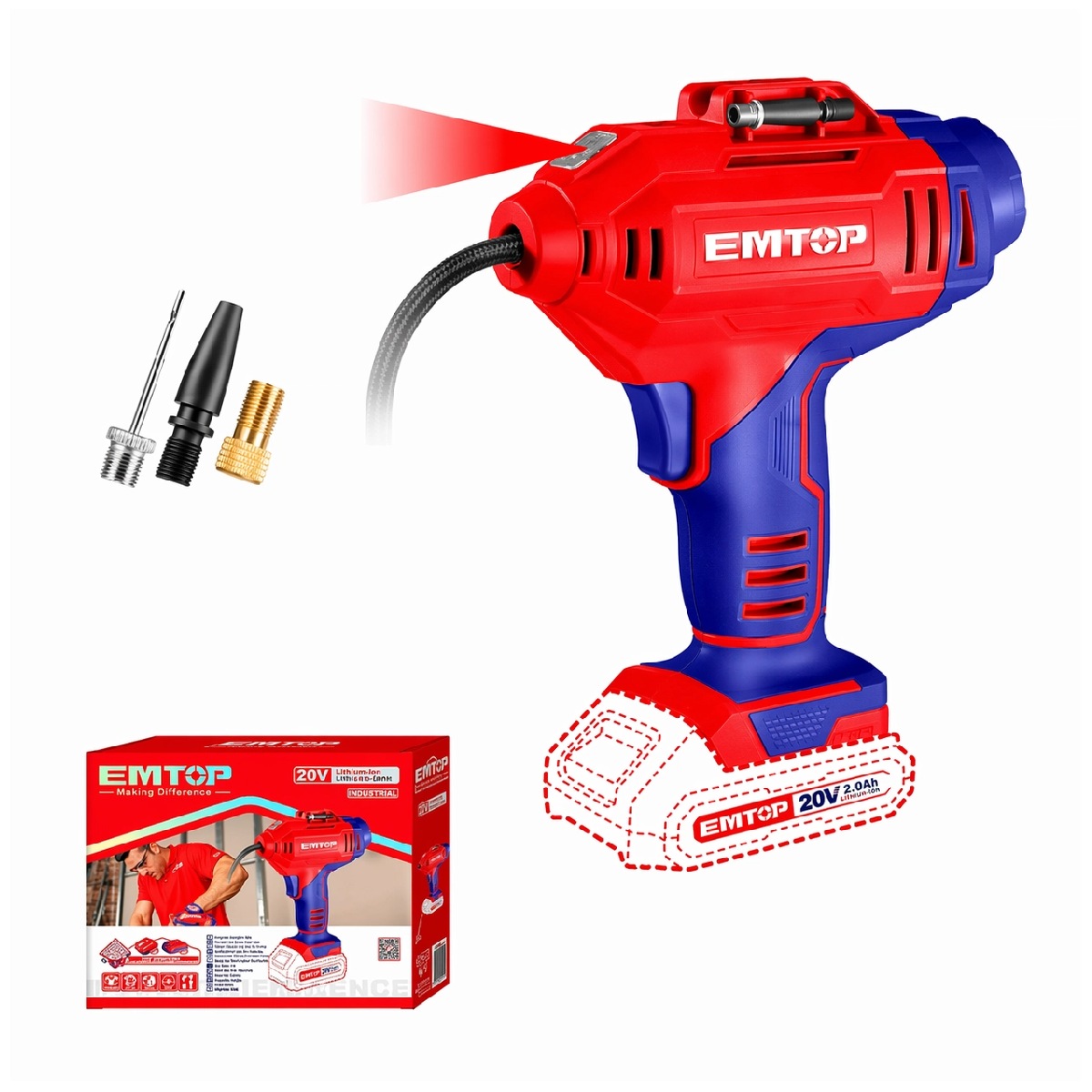Compressor de Ar Sem Fio Emtop ELAC2018 - 20V - 150 PSI - 3 Adaptadores - Não acompanha Carregador e Bateria