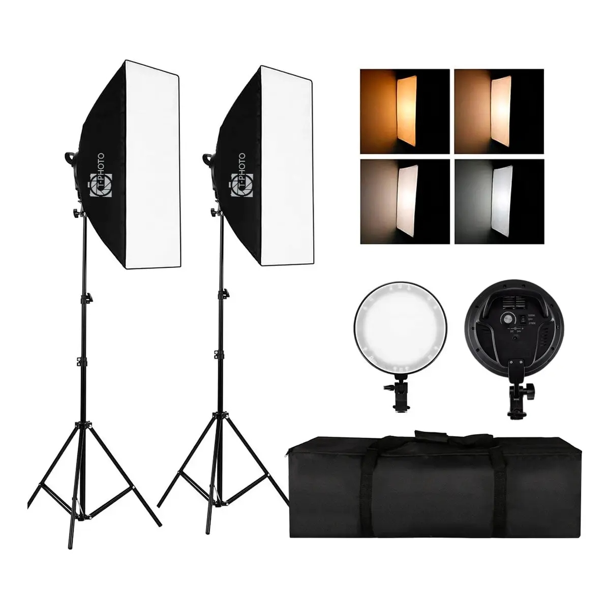 Kit Duplo Softbox Iluminador LED T-Photo - LED Embutido 45W - Temperatura Regulável 2700K a 5500K - Softbox 50x70cm - Tripés 2m e Bolsa - Bivolt - 30370