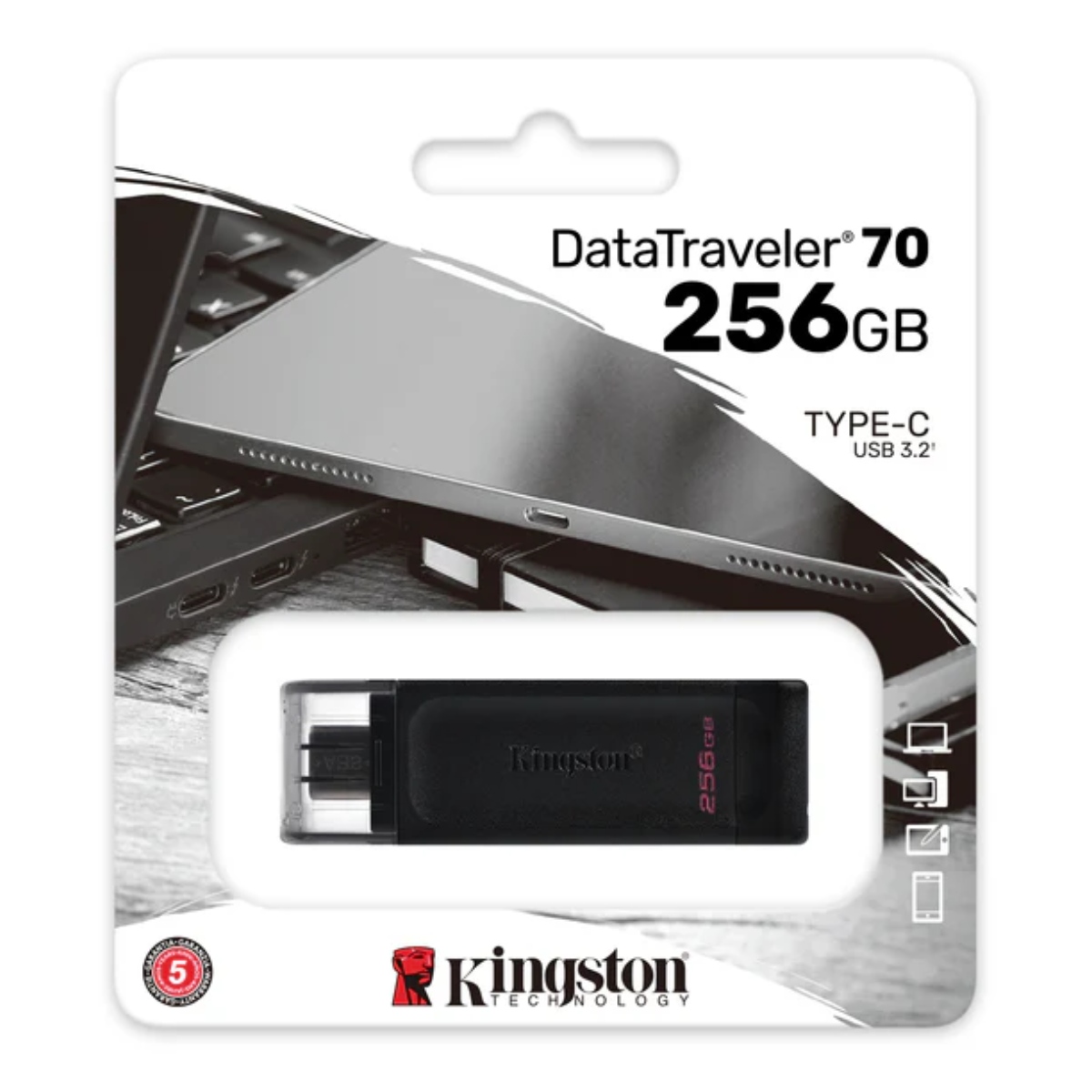 Pen Drive 256GB Kingston DataTraveler 70 - USB-C 3.2 - Preto - DT70/256GB