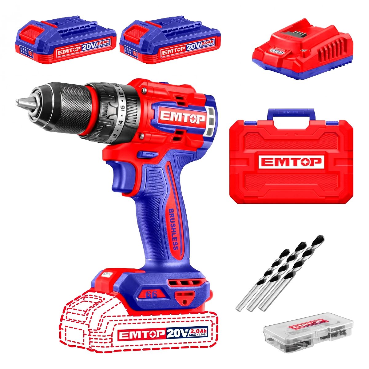 Furadeira e Parafusadeira de Impacto Emtop Brushless - Até 66Nm - Bateria 20V - 1/2