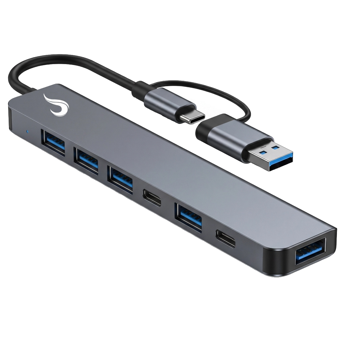 HUB USB-C - 7 Portas - 4x USB 2.0 + 2x USB-C + 1x USB 3.0 - Cinza - Rise Mode RM-HUB-04