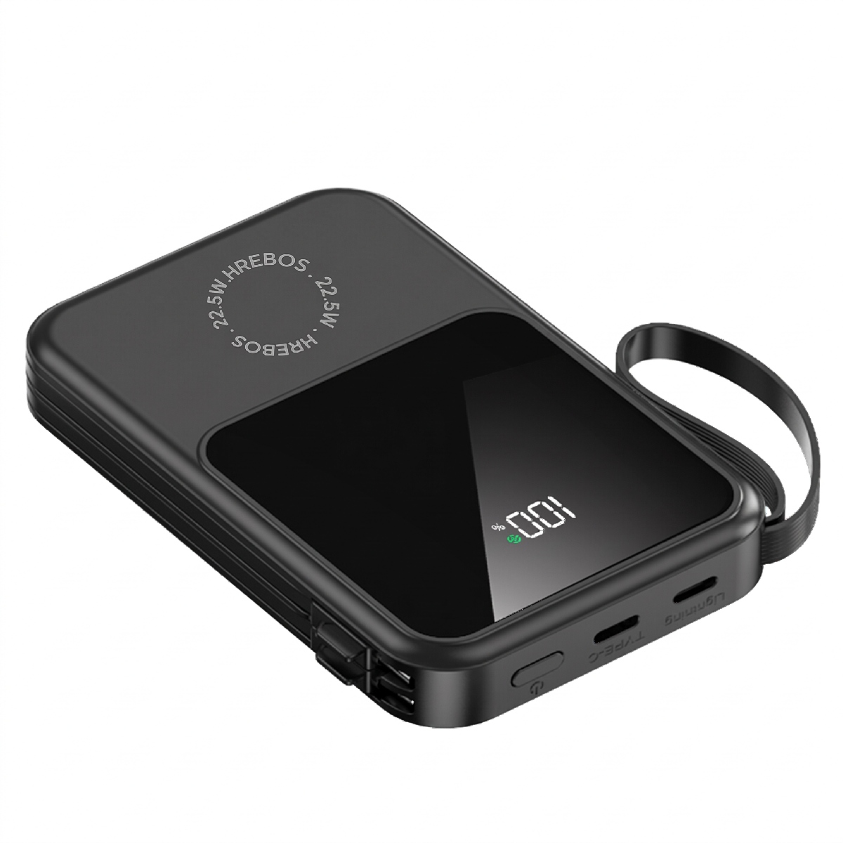 Power Bank Carregador Portátil Hrebos PB-959 - 22,5W - Carregamento Rápido - 10000mAh - Cabos USB-C e Lightning - Preto