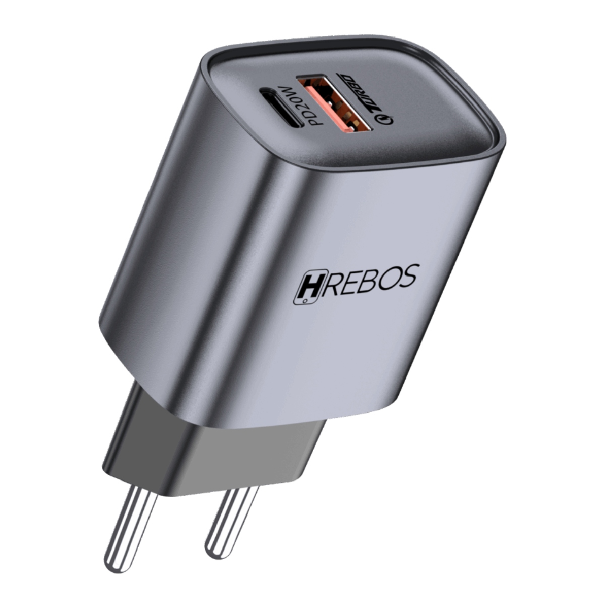 Carregador de Parede USB e USB-C - Hrebos CRG-232CC - 20W - Carregamento Rápido - Com Cabo - Cinza