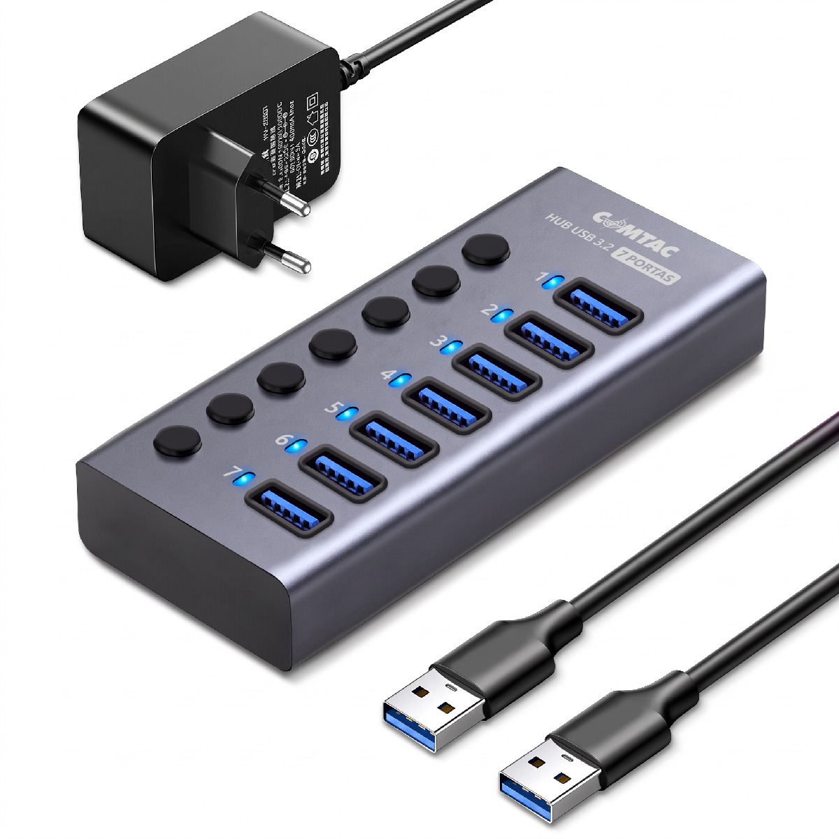 HUB USB 3.2 - 7 Portas Chaveadas - 5Gbps - Linha Aluminium - com Fonte 12V 3A - Comtac 24129450