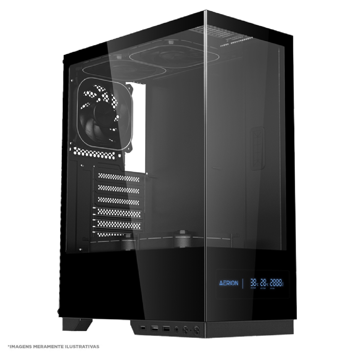 Gabinete Gamer Aquário Aerion Arch V1sion GAB130BLK - Lateral e Frontal em Vidro Temperado - Tela LCD - ATX - Preto - 70578