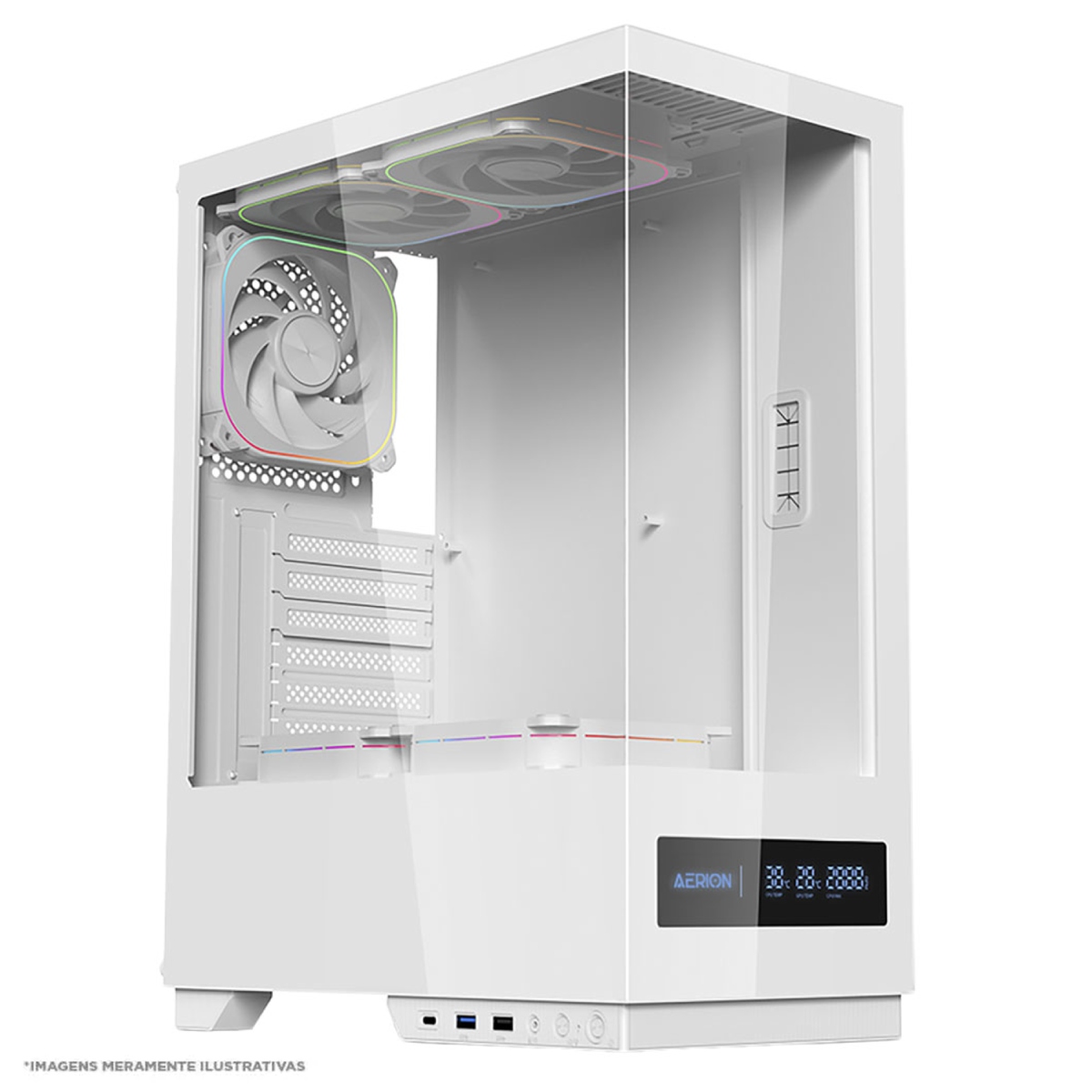 Gabinete Aquário Gamer Aerion Arch V1sion GAB130WH - Lateral e Frontal em Vidro Temperado - Tela LCD - USB-C - ATX - Branco - 71000