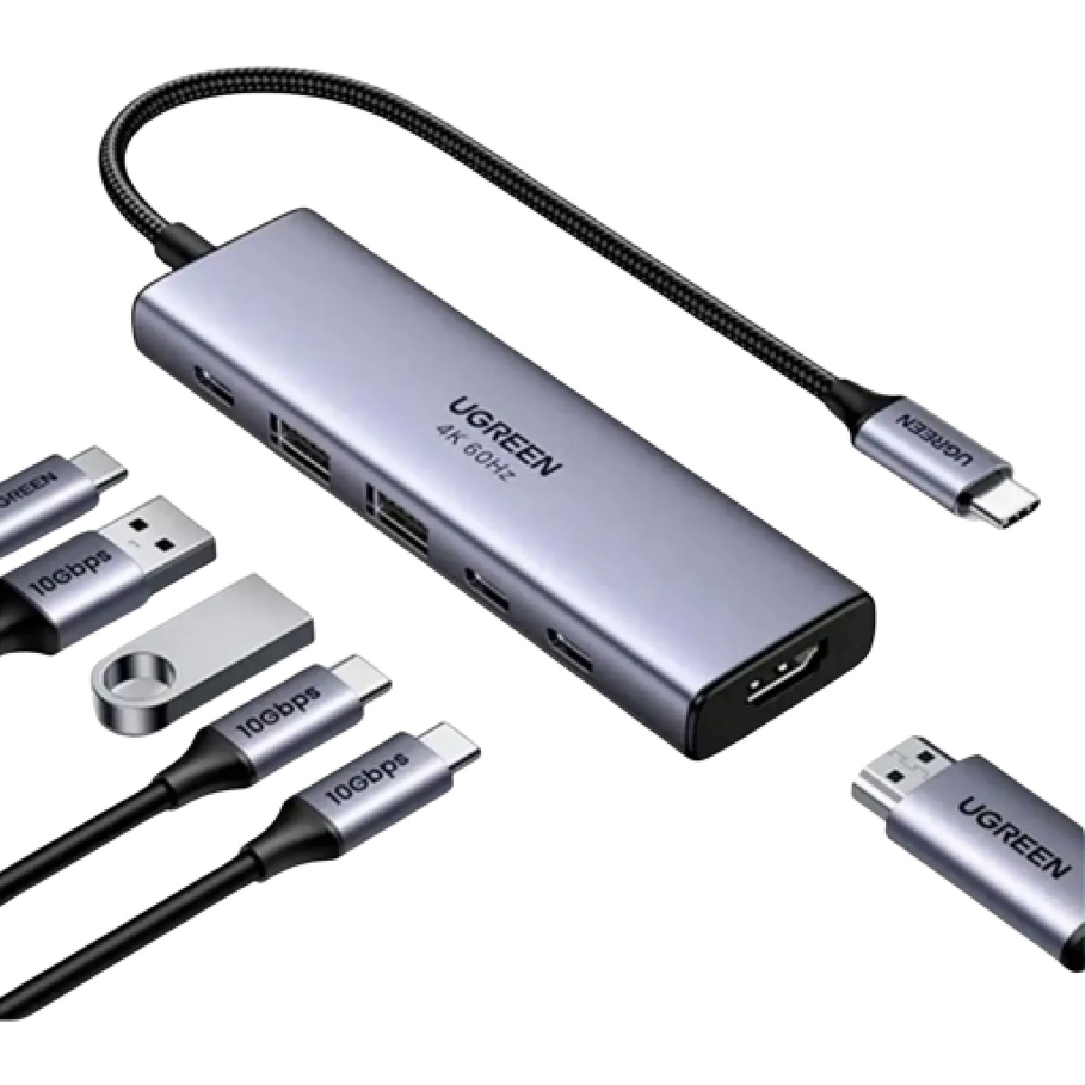 HUB USB-C Ugreen CM511 6 em 1 - HDMI 4K/60Hz - 2x USB-A - 2x USB-C 10Gbps - PD 100W - Cinza - 35999