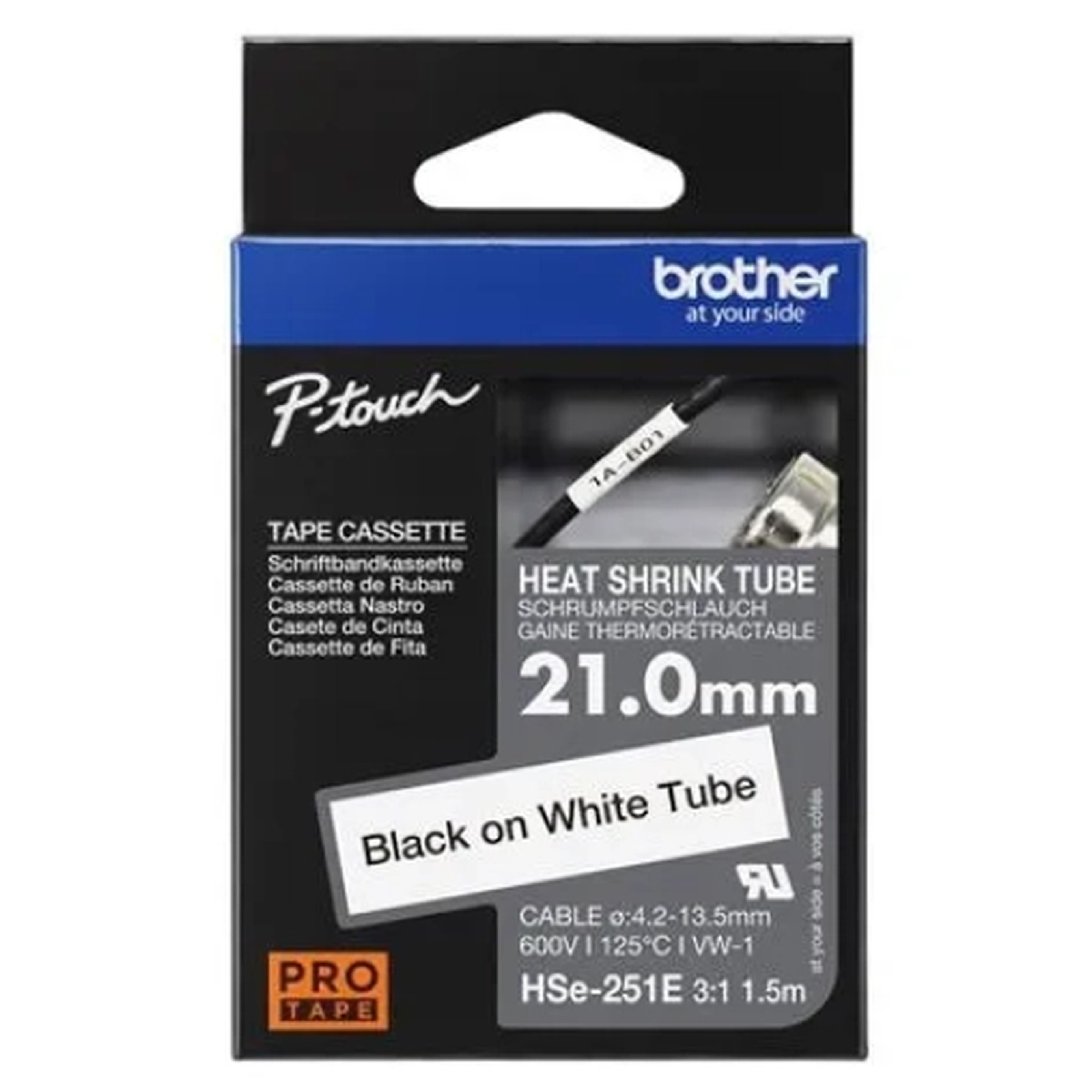 Fita Termocontrátil Brother - 24mm x 1,5m - Taxa de Contração 3:1 - Preto sobre Branco - HSE251E