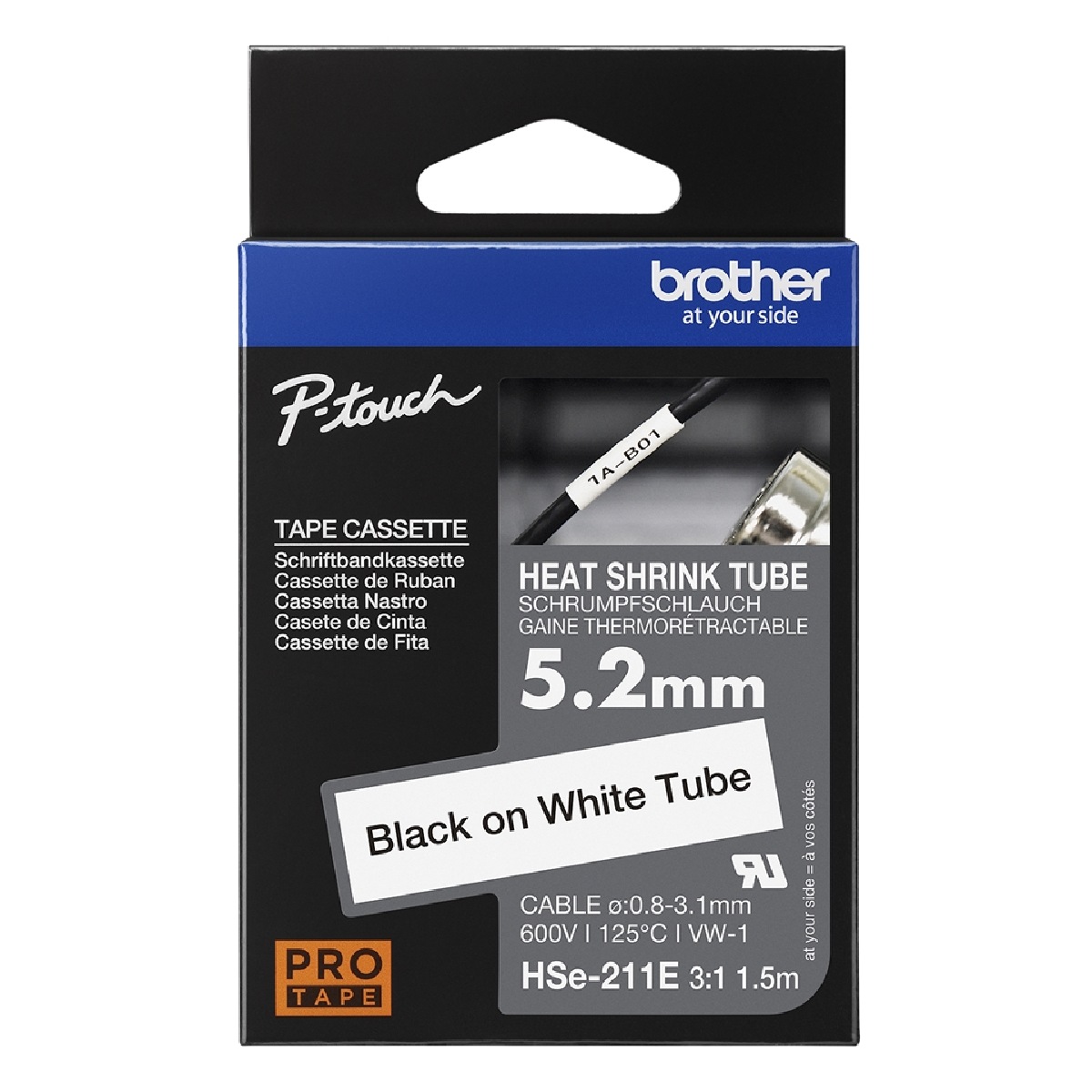 Fita Termocontrátil Brother - 5,2mm x 1,5m - Taxa de Contração 3:1 - Preto sobre Branco - HSE211E