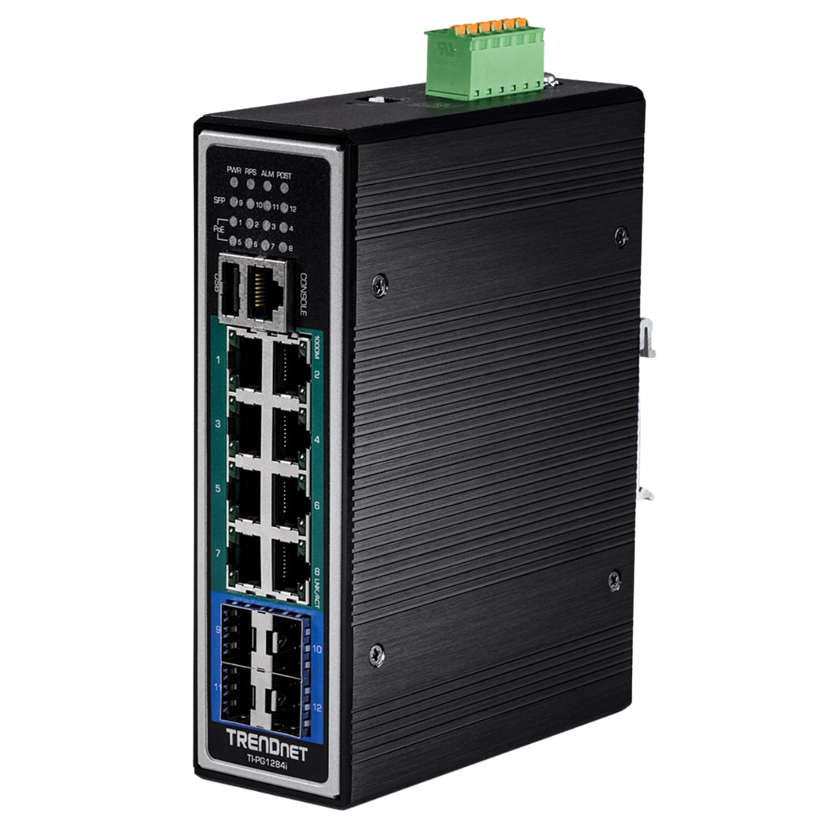 Switch 12 Portas Industrial Gerenciável Trendnet TI-PG1284i - 8 Portas Gigabit PoE+ e 4 Portas SFP - Trilho DIN - Layer 2 - PoE+ 240W