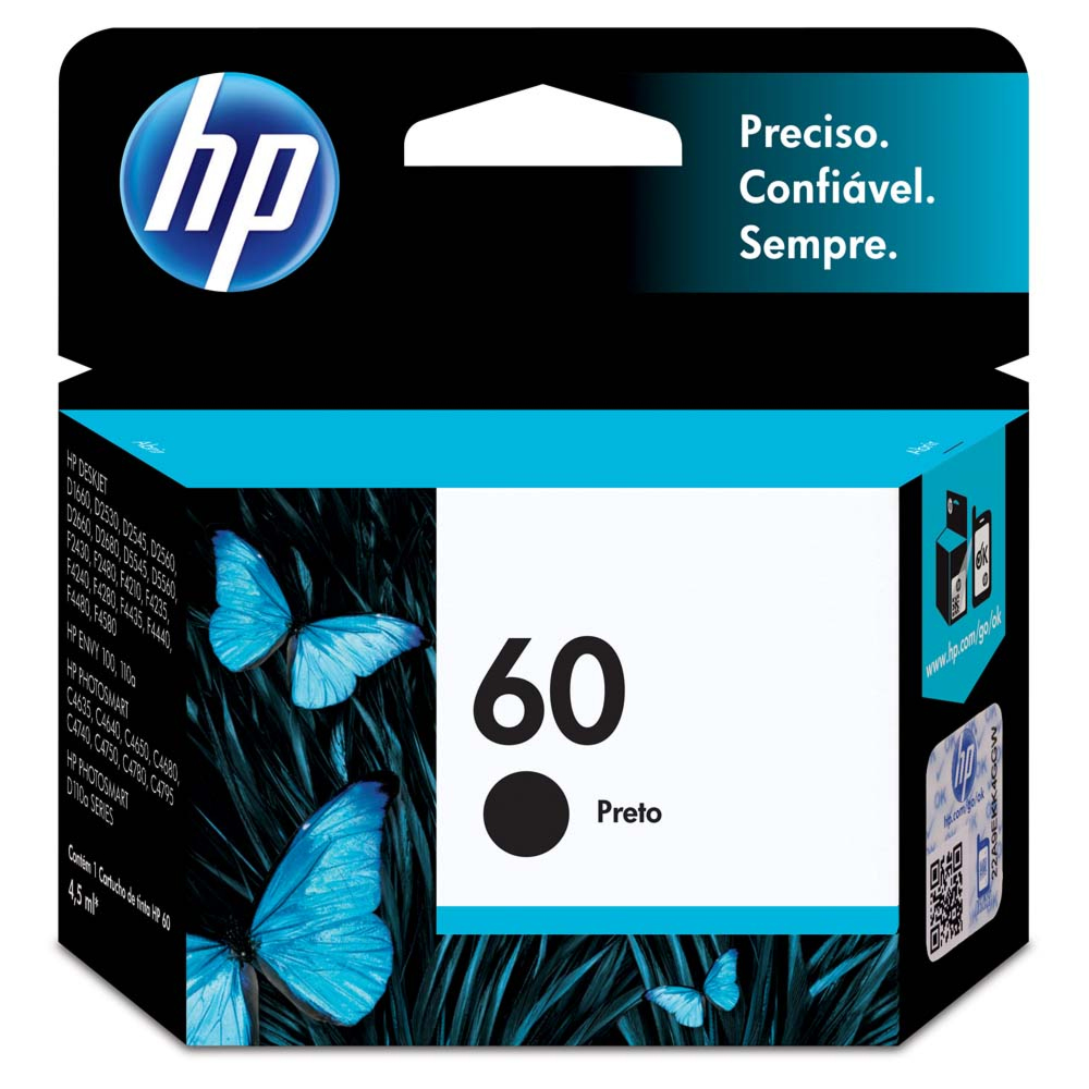 Cartucho HP 60 Preto - CC640WB - Para HP Deskjet D1660 / D2530 / D2545 / D2560 / D2660 / F4280 / F4480 / Photosmart C4680 / C4780