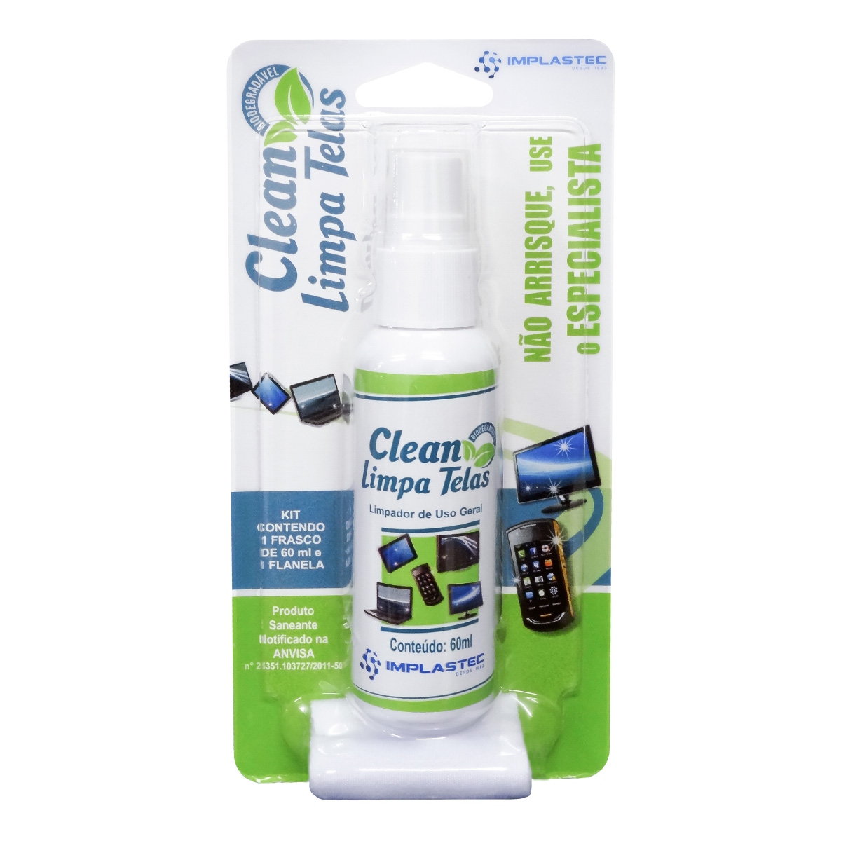 Spray Limpa Tela Clean Implastec - 60ml - com Flanela - Para Limpeza de Notebook, TVs e Monitores