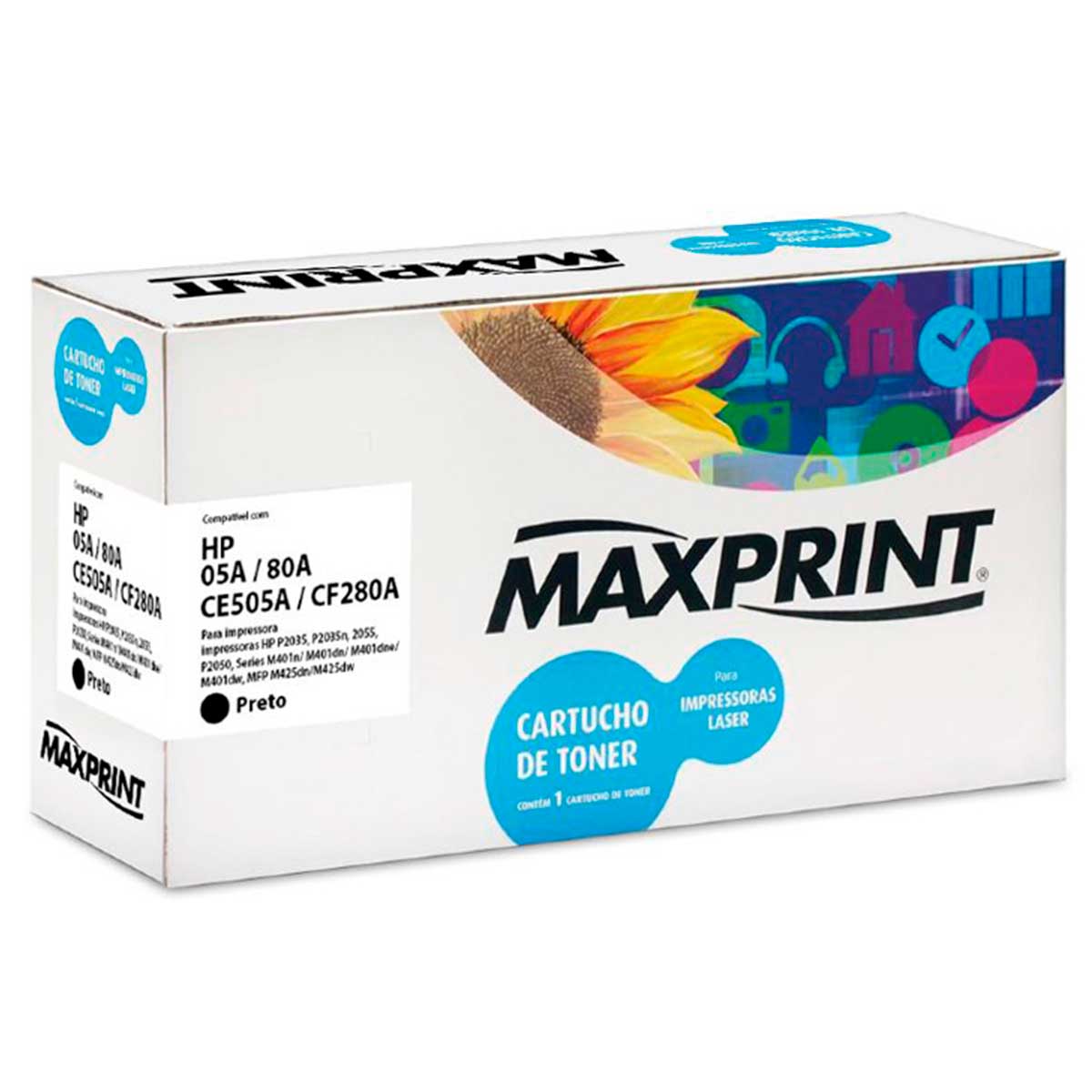 Toner compatível HP CE505A / CF280A Preto - Maxprint 5613667 - para LaserJet P2030/2035/2035- D/2050/2050- D/2055N/P2055DN/2055X/ LaserJet Pro 400 M401A/M401N/M401DN/ M401DW/ 400 MFP M425DN/M425DWT