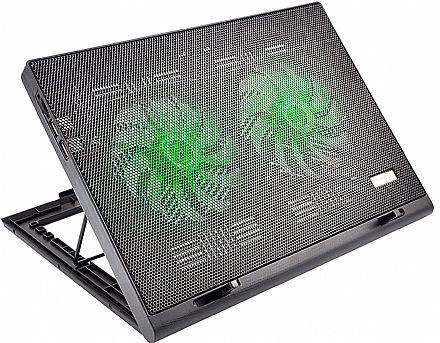 Notebook Acessórios - Suporte para Notebook Multilaser Warrior AC267 Power Cooler Gamer - até 17" - 4 ajustes de Altura - 2 Portas USB - com LED