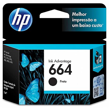 Cartucho - Cartucho HP 664 Preto - F6V29AB - para Deskjet Ink Advantage 1115/2136/4536/3636/3836/3635/3776/3788/3790/2676/4676