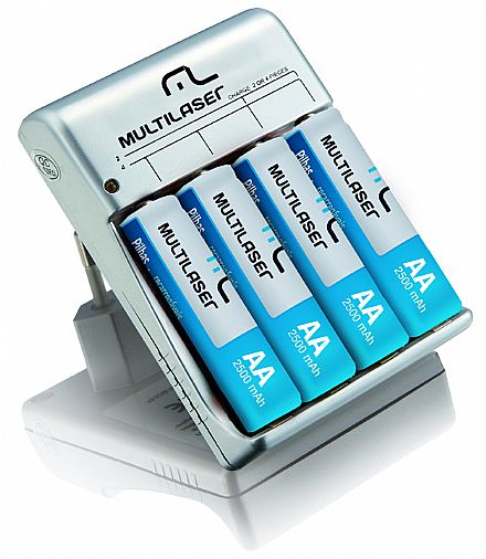 Bateria & Pilhas - Carregador de Pilhas Multilaser AA e AAA - com 4 pilhas AA 2500mAh - CB054