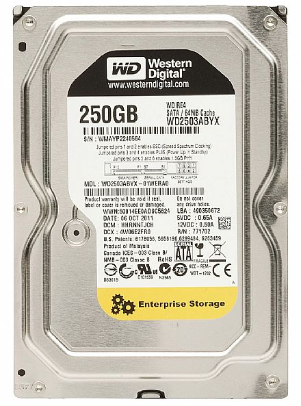 HD (Disco Rígido) - HD 250 GB SATA 2 - 3Gb/s - 7200RPM - 64MB Cache - Western Digital RE4 Enterprise - WD2503ABYX - Seminovo