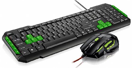 Kit Teclado e Mouse - Kit Teclado e Mouse Gamer Multilaser - Verde - Teclas Multimídia - 2400dpi - Botão Atirador - TC201 / MO208