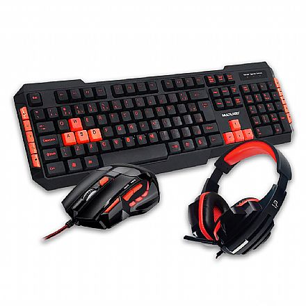 Kit Teclado e Mouse - Kit Teclado e Mouse Gamer Multilaser com Headset - Vermelho - Teclas Multimídia - 2400dpi - Botão Atirador - TC160 / MO236 / PH120