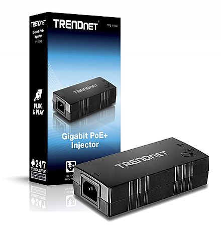 Acessórios para rede - Fonte PoE+ Injetor Trendnet TPE-115GI - Gigabit - 802.3af/at - Energia e Dados através do cabo de Ethernet