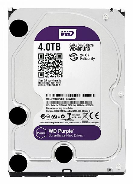 HD (Disco Rígido) - HD 4TB SATA - 5400RPM - 64MB Cache - Western Digital Purple Surveillance - WD40PURX - Ideal para CFTV