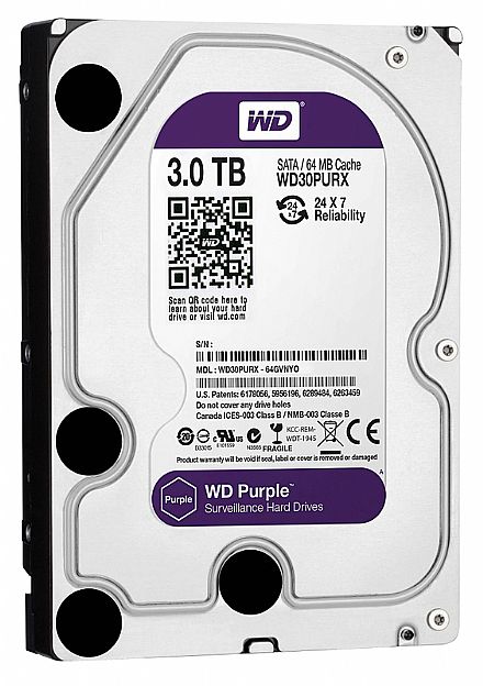 HD (Disco Rígido) - HD 3TB SATA - 7200RPM - 64MB Cache - Western Digital Purple Surveillance - WD30PURX - Ideal para CFTV