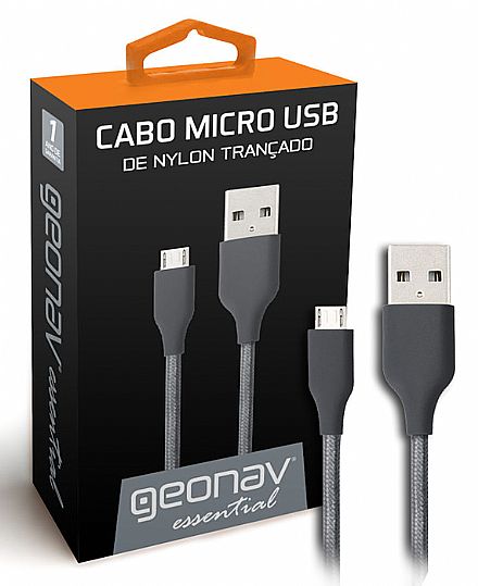 Cabo & Adaptador - Cabo Micro USB para USB - 1 Metro - Cinza - Revestido de Nylon Trançado - para Celulares, Tablets, Câmeras - Geonav ESMISG