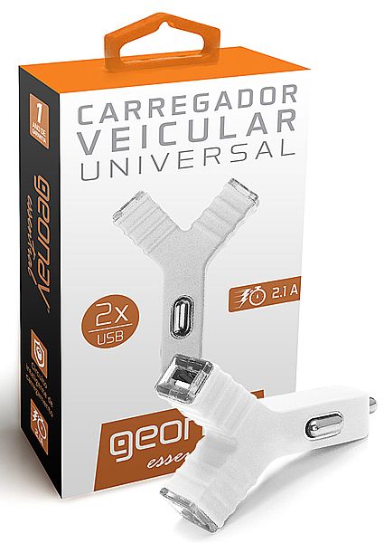 Carregadores - Carregador Veicular USB - com 2 portas USB - 2.1A - Branco - Geonav ESCHW
