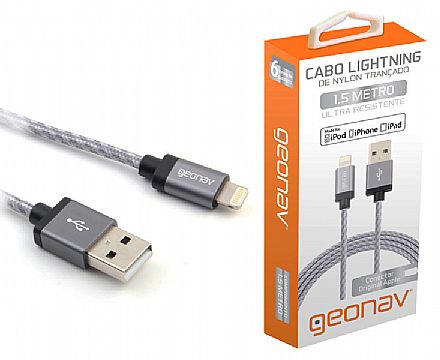 Acessorios de telefonia - Cabo Lightning para USB - Para iPhone, iPad e iPod - 1,5 Metros - Revestido de Nylon Trançado - Geonav LIGH10T