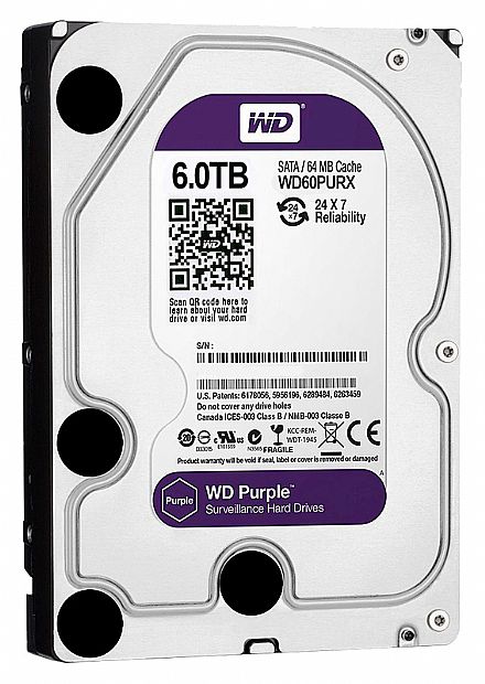 HD (Disco Rígido) - HD 6TB SATA - 5400RPM - 64MB Cache - Western Digital Purple Surveillance - WD60PURX - Ideal para CFTV