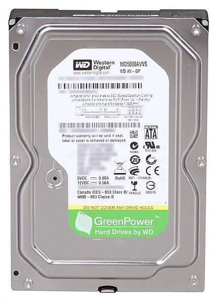 HD (Disco Rígido) - HD 500GB SATA 2 - 3Gb/s - 7200RPM - 8MB Cache - Western Digital Green Power - WD5000AVVS - Seminovo