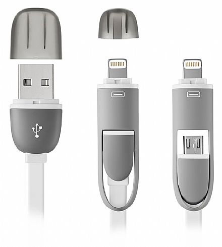 Acessorios de telefonia - Cabo Lightning e Micro USB para USB - 2 em 1 - Micro USB e Lightning para iPhone - Branco - Multilaser WI334