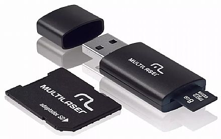Cartão de Memória - Cartão 8GB Micro SD com adaptador SD e USB - Classe 10 - Velocidade até 30MB/s - Kit 3 em 1 - Multilaser MC05
