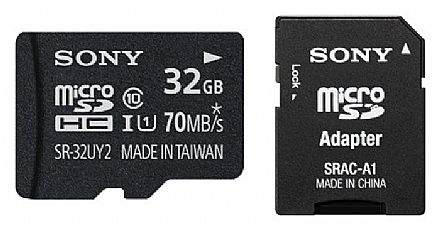 Cartão de Memória - Cartão 32GB Micro SD com adaptador SD - Classe 10 - Velocidade até 70MB/s - Sony Ultra SR- 32UY2