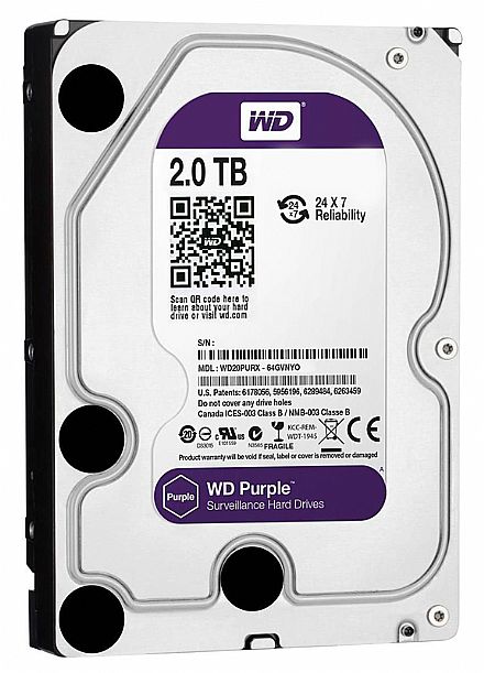 HD (Disco Rígido) - HD 2TB SATA - 5400RPM - 64MB Cache - Western Digital Purple Surveillance - WD20PURZ - Ideal para CFTV