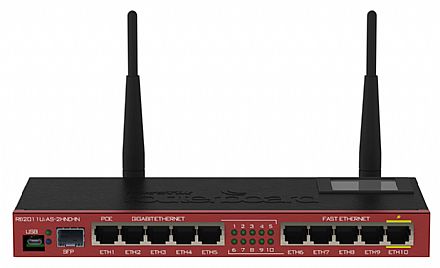 Roteador, Repetidor & Acess Point - Roteador Wi-Fi Mikrotik RB2011UIAS-2HND-IN - Alta Potência 1000mW - 5 portas LAN + 5 portas Gigabit + 1 porta SFP - 2.4GHz - 2 antenas 4dBi