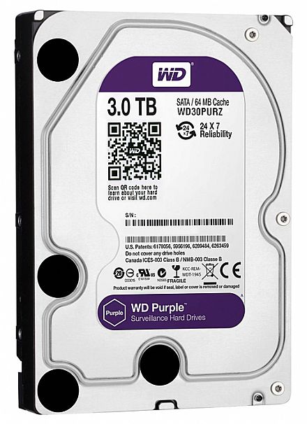 HD (Disco Rígido) - HD 3TB SATA - 5400RPM - 64MB Cache - Western Digital Purple Surveillance - WD30PURZ - Ideal para CFTV