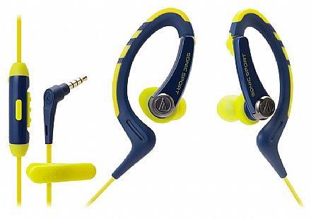 Fone de Ouvido - Fone de Ouvido Esportivo Audio-Technica - Intra Auricular - com Microfone - Conector P2 - Azul e Amarelo - ATH-SPORT1ISNY