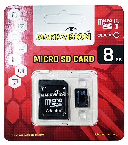 Cartão de Memória - Cartão 8GB Micro SD com adaptador SD - Classe 10 - Velocidade até 45MB/s - Markvision MSD8GBMVTC10R