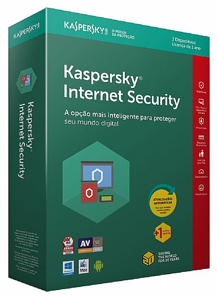 Software - Kaspersky Internet Security - licença de 1 ano - 3 Dispositivos + 1 licença Grátis - para PC, Mac, Android, iPhone, iPad