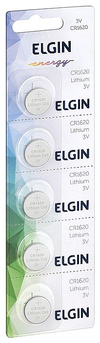 Bateria & Pilhas - Bateria de Lítio CR1620 Elgin 82303 - Cartela com 5 unidades - para calculadoras, agendas eletrônicas, controles remotos, chaves de carros