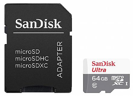 Cartão de Memória - Cartão 64GB Micro SD com adaptador SD - Classe 10 - Velocidade até 80MB/s - SanDisk Ultra SDSQUNS-064G-GN3MA